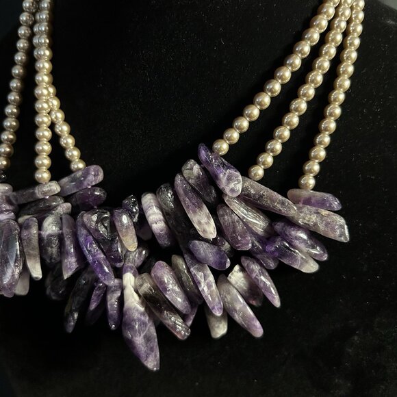 Ali Khan New York 3 Strands Amethyst Spikes Necklace Silver Tone & Purple Sz 16” - Picture 3 of 9